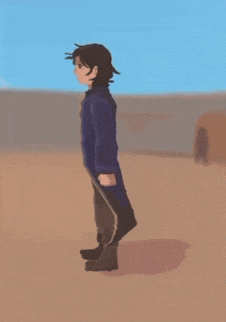 a person in a blue coat is standing in a desert