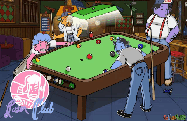 a cartoon drawing of a pool table with the words pool club on the bottom