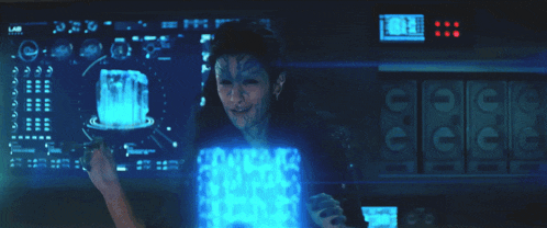a woman is using a futuristic device and the words i like you are behind her