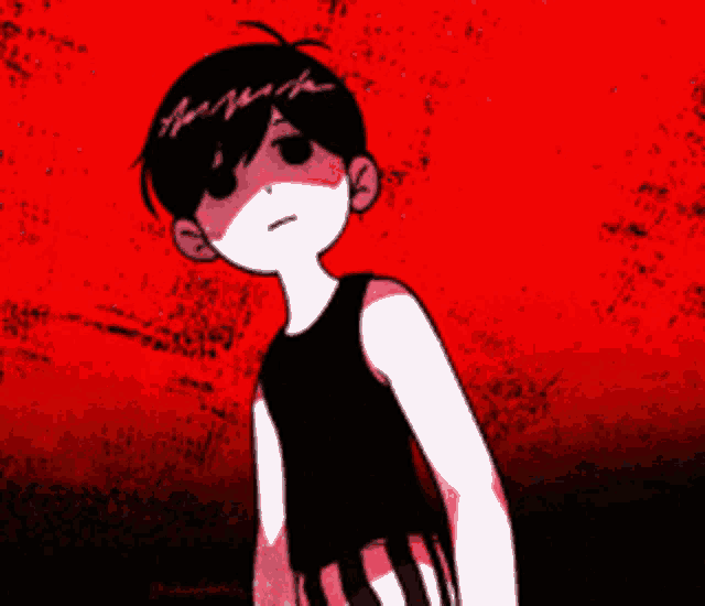 a cartoon character with a red background is standing in the dark