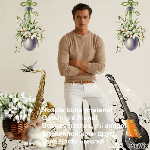 a man with his arms crossed stands in front of a saxophone and flowers