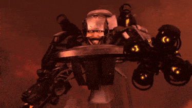 a blurred image of a robot with a flame coming out of it 's head