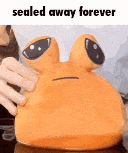 a person is holding a stuffed animal that says sealed away forever on it .