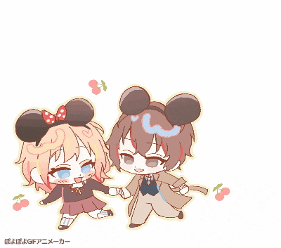a cartoon of a boy and a girl wearing mickey mouse ears holding hands
