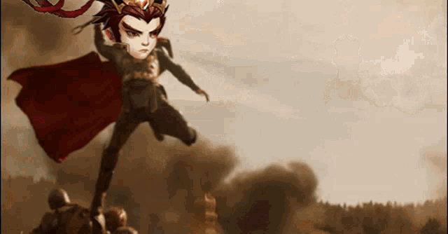 a cartoon character with a red cape and a crown on their head