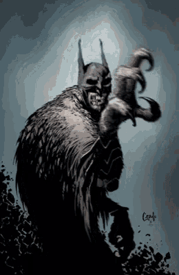 a drawing of a batman with a feathered cape is signed by carlos