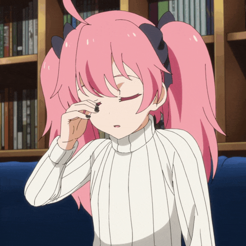 a girl with pink hair and a white sweater covering her eyes