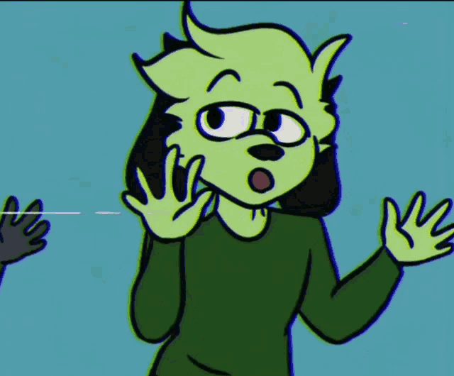 a cartoon character with green hair and a green shirt is making a stop sign .