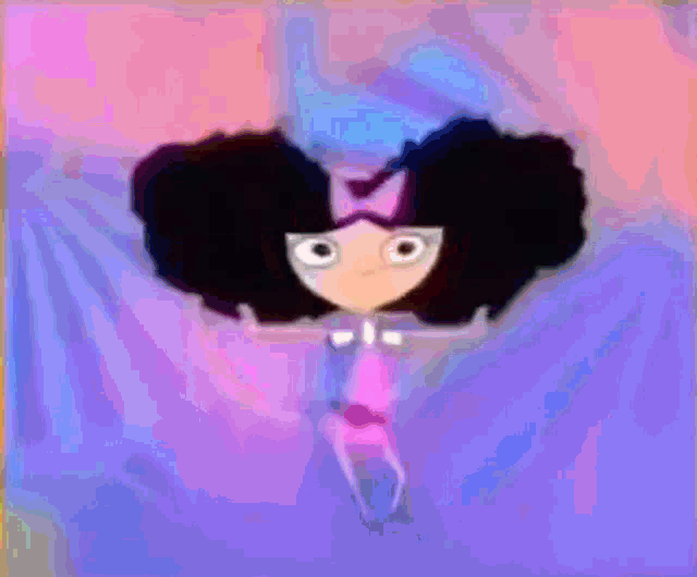 a cartoon girl with black hair and a pink bow is dancing