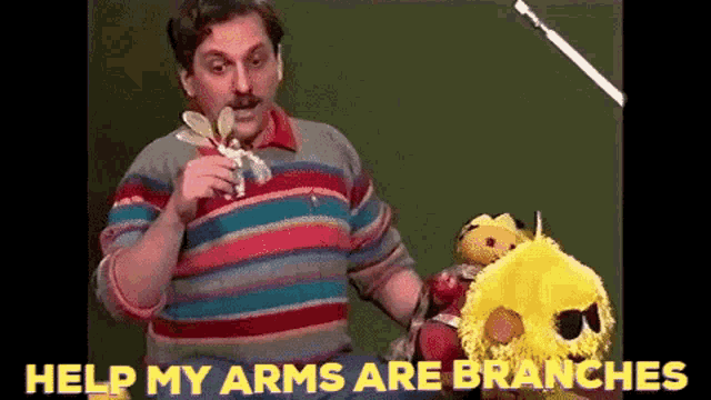 a man in a striped shirt is holding a stuffed animal and says help my arms are branches