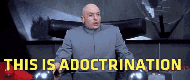 a bald man sitting in a chair with the words " this is adoctrination " above him