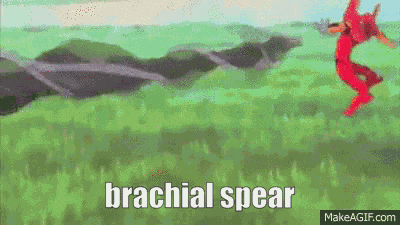 a person in a red suit is jumping in the air in a field with the words brachial spear written on the bottom .