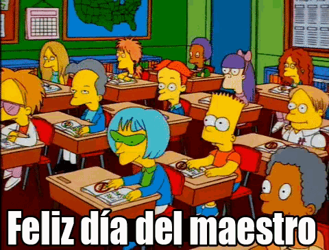 a group of cartoon characters in a classroom with the words feliz dia del maestro written on the bottom