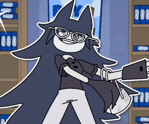 a cartoon character is standing in front of a shelf of oreos