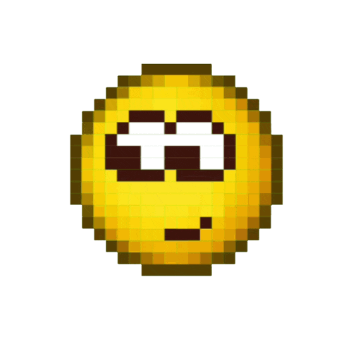 a pixel art illustration of a smiley face with a smirk on its face