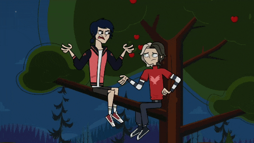 two cartoon characters are sitting on a tree branch and one has a heart on his shirt