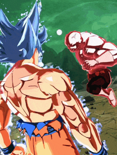 a cartoon drawing of goku and jiren fighting