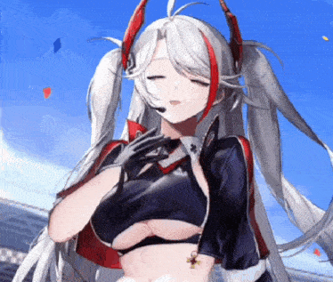 a girl with a microphone on her head is standing in front of a blue sky with her eyes closed and her hand on her chest .