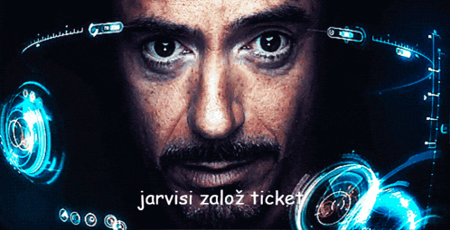 a close up of a man 's face with the words jarvisi zaloz ticket written below him
