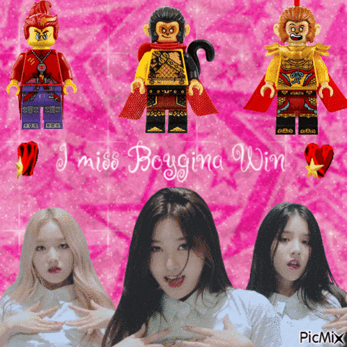 a pink background with a monkey and a girl with the words i miss boygina win