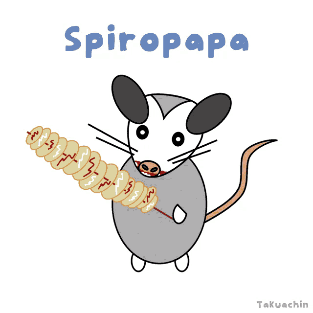 a cartoon drawing of an opossum holding a skewer with the name spiropapa written above it