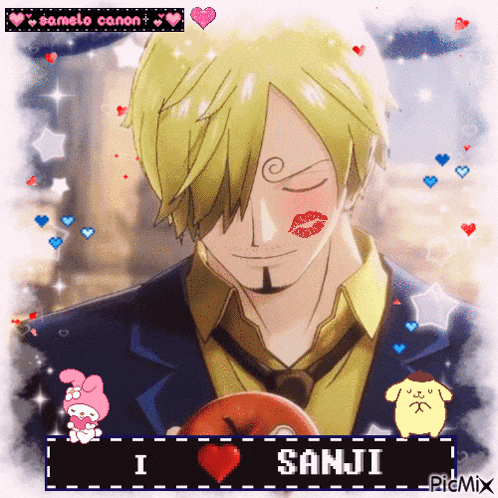 a picture of a man with a kiss on his face and the words " i love sanji "