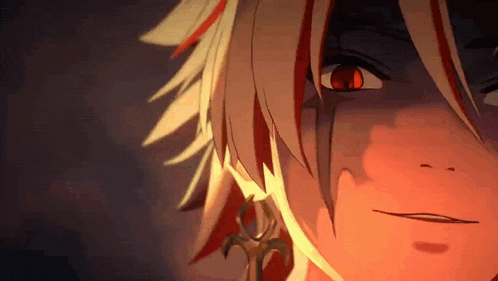 a close up of a person with red eyes and white hair .