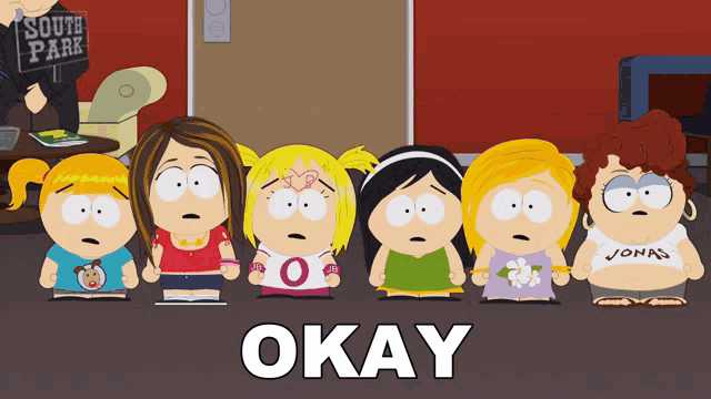a group of south park characters standing next to each other with the word okay below them