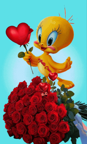 a tweety bird is holding a red rose in front of a bouquet of roses