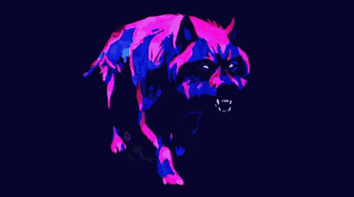 a pixel art of a pink and blue wolf with glowing eyes and teeth on a black background .
