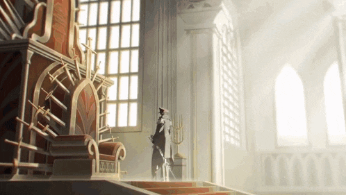 a man is standing on a throne in a room with swords on it .