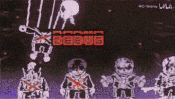 a group of cartoon characters are standing next to each other on a purple background with the words debug debug written in red