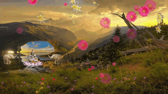 a painting of a woman sitting on a lotus flower surrounded by flowers