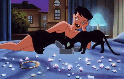 a cartoon woman is laying on a bed with a black cat .