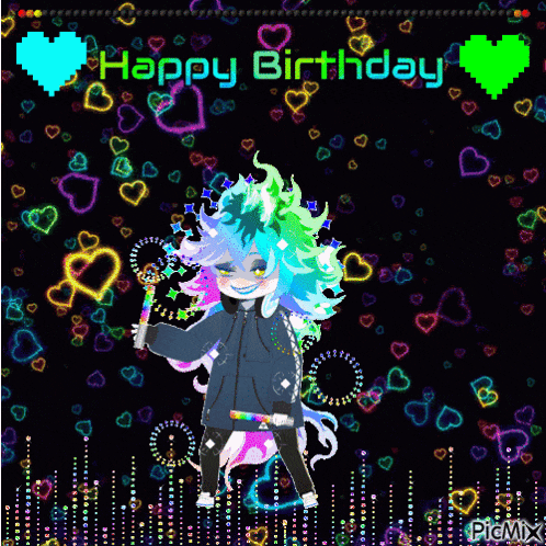 a happy birthday greeting card with a colorful cartoon character