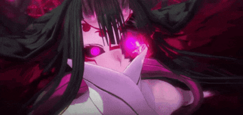 a woman with long black hair and purple eyes is holding a purple object in her hand .