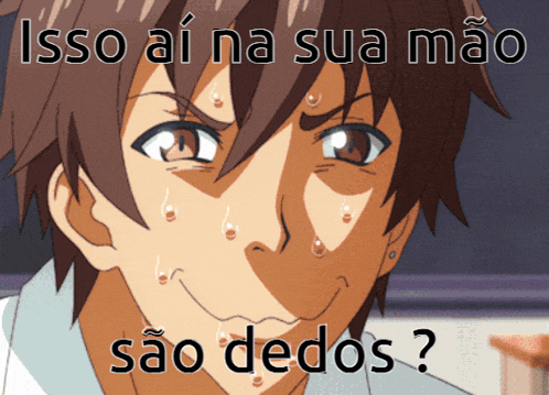 a picture of a boy with the words isso ai na sua mao sao dedos written on it