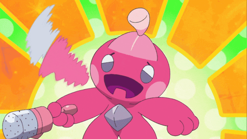 a pink cartoon character is holding a hammer in his hand
