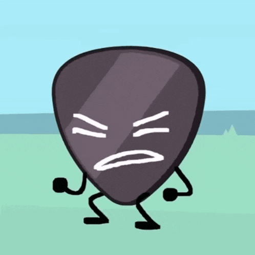 a guitar pick with arms and legs is making a sad face