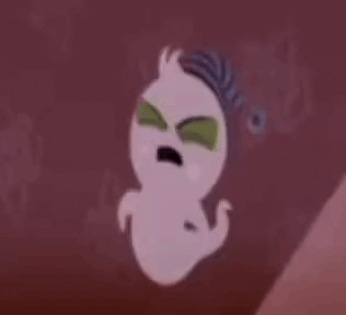 a cartoon ghost with a ponytail on its head is flying through the air .