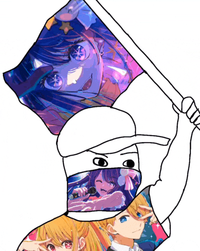 a drawing of a person holding a flag with anime characters on it
