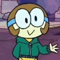 a cartoon character wearing glasses and a green hoodie is waving .