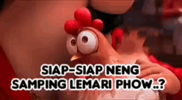 a cartoon chicken with big eyes is holding a person 's hand and asking .