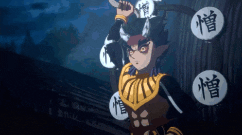 a cartoon character is holding a horn and has chinese writing on his chest