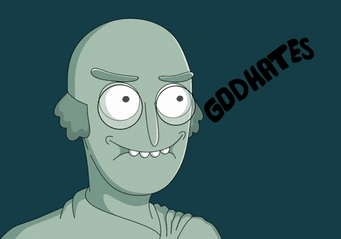 a cartoon of a bald man with the words god hates nft tees