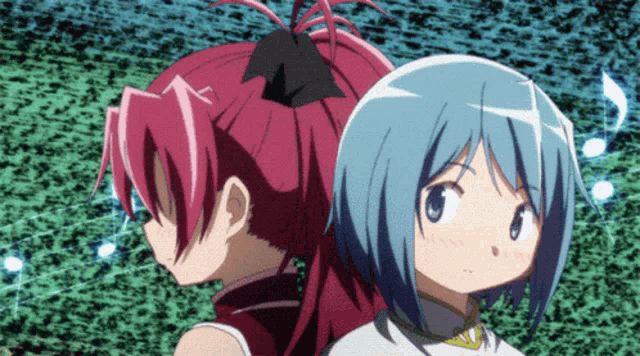 two anime girls are standing back to back with their backs to each other