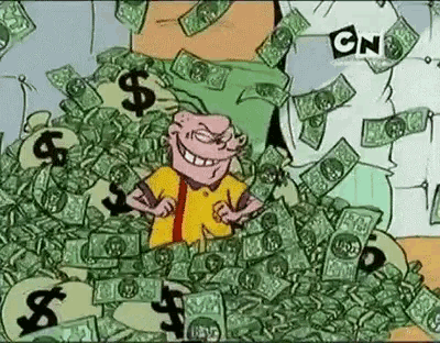 a cartoon character is sitting in a pile of money with cn written on the bottom