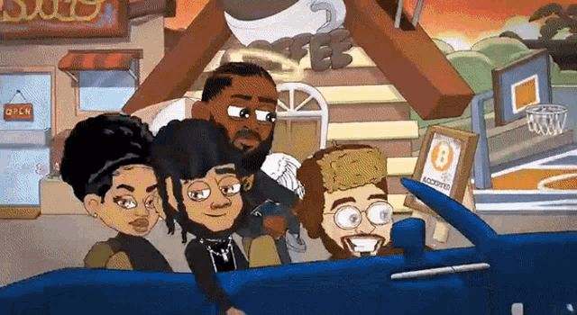 a group of cartoon characters are sitting in a blue car with a sign that says open on it