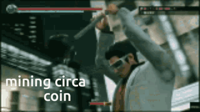 a man is holding a sword in a video game with the words " mining circa coin " on the bottom