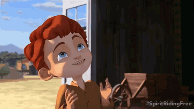 a cartoon of a boy with red hair and the words spirit riding free below him